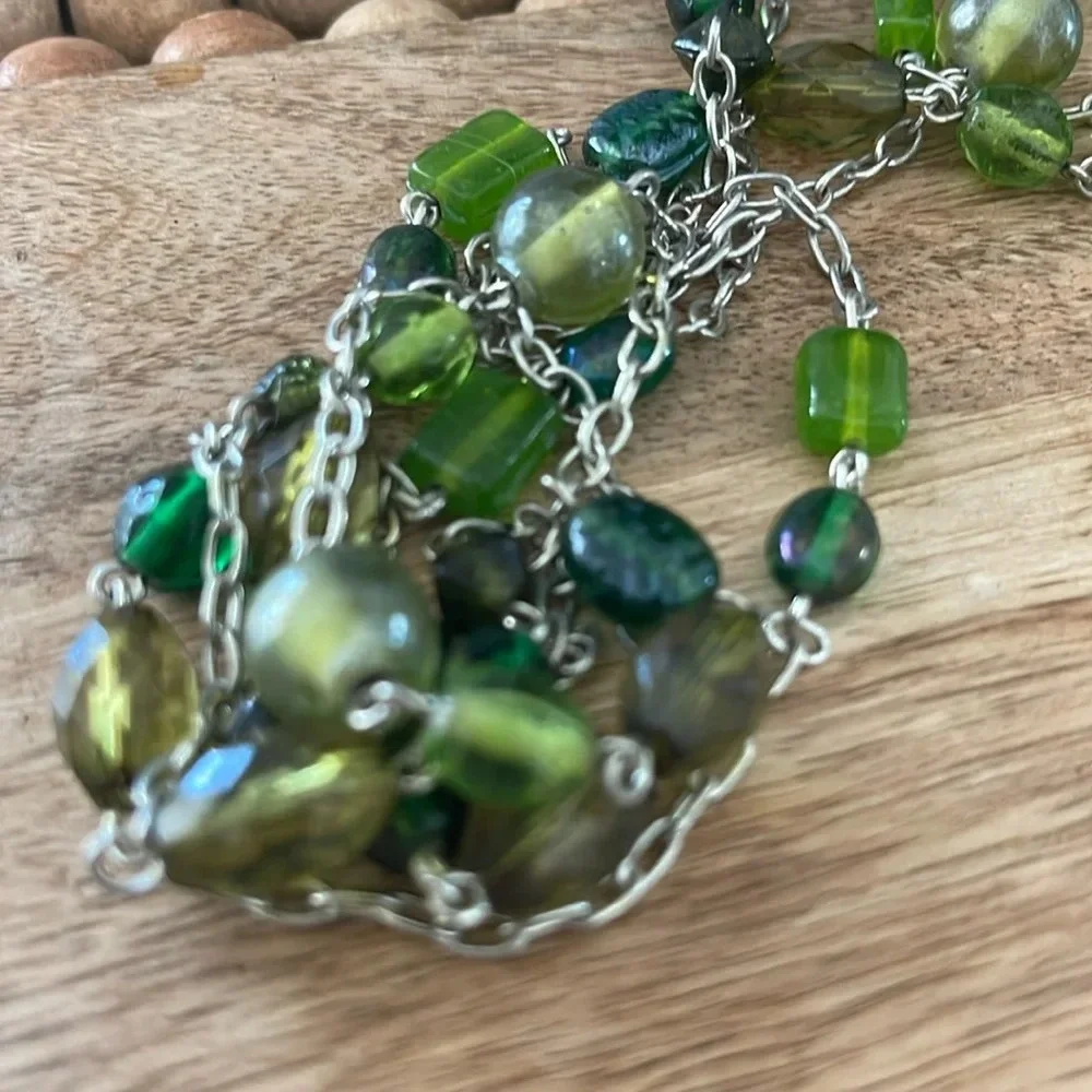 Beaded long necklace glass green silver link chain boho casual